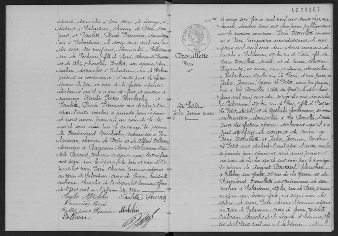 PALAISEAU. - Mariages : registre d'état civil.