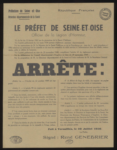 Seine-et-Oise [Département]. - Arrêté portant sur l'hygiène dans les hôtels, restaurants, cafés et débits de boissons, 20 juillet 1950. 