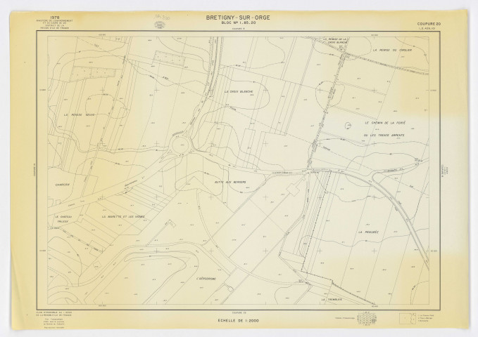 Plan topographique de BRETIGNY-SUR-ORGE établi sous le contrôle du Service du Cadastre, feuille 20, Ministère de l'Environnement et du Cadre de Vie - District de la Région ILE-DE-FRANCE, 1978. Ech. 1/2.000. N et B. Dim. 0,60 x 0,85. 