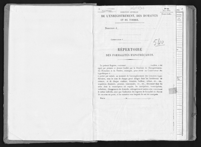 Conservation des hypothèques de CORBEIL. - Répertoire des formalités hypothécaires, volume n° 540 : A-Z (registre ouvert vers 1920). 