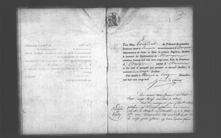 ETAMPES. Mariages : registre d'état civil (1829). 