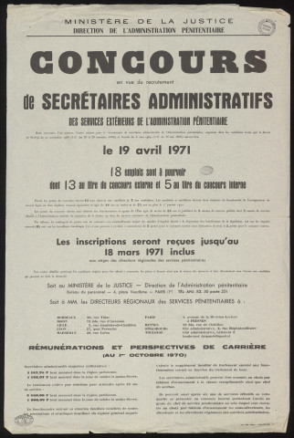 Essonne [Département]. - Avis de concours en vue du recrutement de secrétaires administratifs des services extérieurs de l'Administration pénitenciaire (1971). 