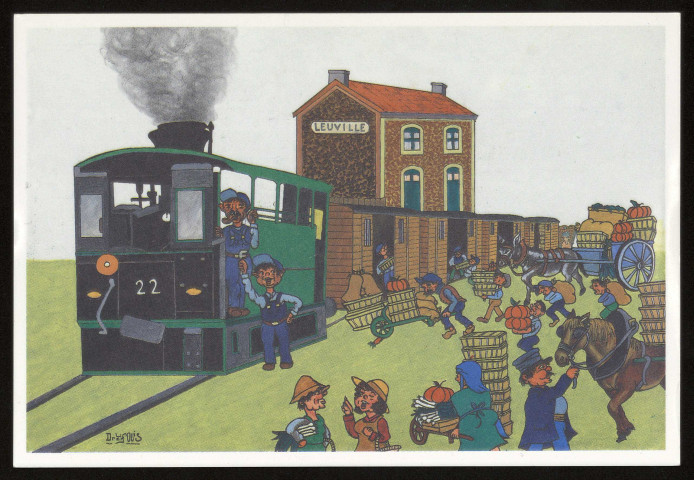 LEUVILLE-SUR-ORGE. - Commémoration du centenaire de la gare de l'Arpajonnais de Leuville-sur-Orge, inaugurée le 1er mai 1894 avec le tronçon Montlhéry-Arpajon. Illustrateur Louis Dreifous. Editeur Association Histoire Nature et Environnement leuvillois, imprimeur Pouillier et fils, 1994, dessin couleur. 