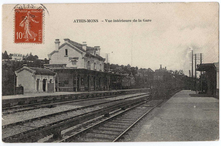 ATHIS-MONS. - Vue intérieure de la gare, 1908, 11 lignes, 10 c, ad. 