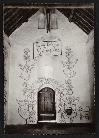 MILLY-LA-FORET.- Chapelle Saint-Blaise des Simples :  intérieur, fresque et porte d'entrée [1960-1964].