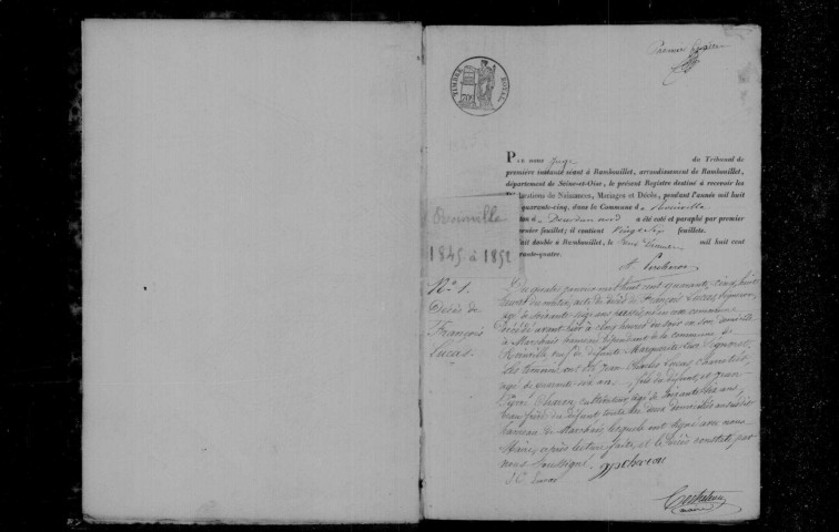 ROINVILLE-SOUS-DOURDAN. Naissances, mariages, décès : registre d'état civil (1845-1852). 