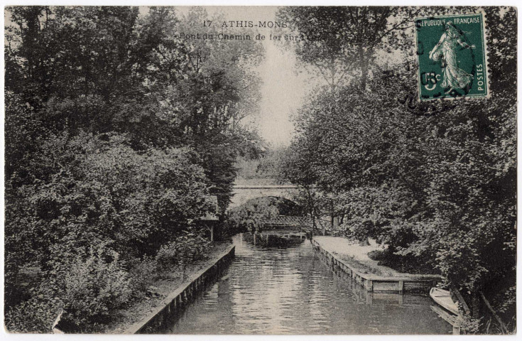 ATHIS-MONS. - Pont du chemin de fer sur l'Orge, 1908, 2 mots, 5 c, ad. 