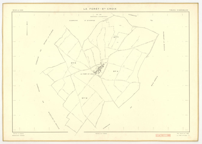 Plans minutes de conservation : FORET-SAINTE-CROIX (LA) : tableau d'assemblage, ech. 1/5000 (1953), sections W, X1, X2, Y1, Y2, Z, ech. 1/2000 (1953), NB, papier, 105x80 [7 plans]. 