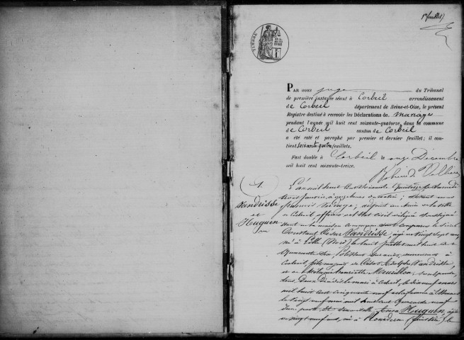 CORBEIL. Mariages : registre d'état civil (1874). 