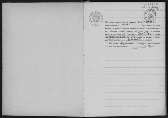 VIRY-CHATILLON. - Mariages : registre d'état civil.