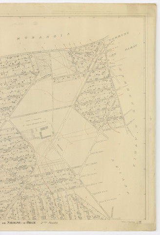 Fonds de plan topographique de SAVIGNY-SUR-ORGE dressé par E. BERMOND, géomètre, dessiné par P. CHAVINIER, chef des services techniques à SAVIGNY-SUR-ORGE, vérifié par P. PERNEL, ingénieur-géomètre, feuille 2, Service d'Urbanisme du département de SEINE-ET-OISE, 1945. Ech. 1/2.000. N et B. Dim. 0,90 x 1,11. 