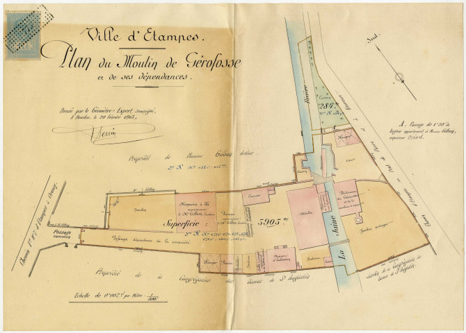 MARCHON, notaire, DOURDAN. - Correspondance, factures, plan en couleur du moulin de GEROFOSSE et de ses dépendances (aquarelle) (1913), état des lieux, actes de vente, tableau généalogique, cahier des charges, titres concernant le moulin de GEROFOSSE dont la vente s'est faite par licitation. 