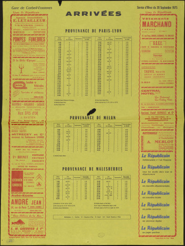 Le Républicain [quotidien régional d'information]. - Arrivées des trains en gare de Corbeil-Essonnes, à partir du 28 septembre 1975 [service d'hiver] (1975). 