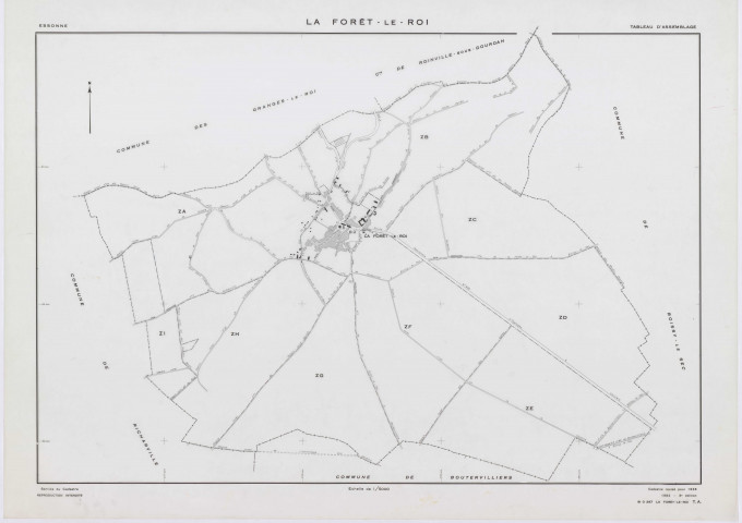 FORET-LE-ROI (LA), plans minutes de conservation : tableau d'assemblage, 1938, Ech. 1/5000 ; plans des section W, X1, Y1, Y2, Z, 1953, Ech. 1/2000, section X2, 1953, Ech. 1/1000. Polyester. N et B. Dim. 105 x 80 cm [7 plans]. 