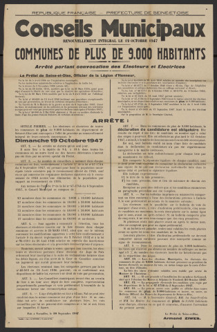 Seine-et-Oise [Département]. - Arrêté portant convocation des électeurs et des électrices pour le renouvellement intégral des conseils municipaux du 19 octobre, 30 septembre 1947. 