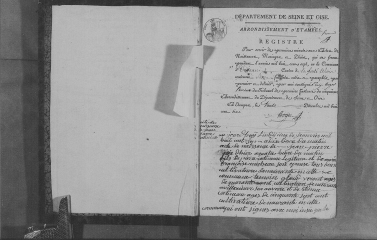 ORVEAU. Naissances, mariages, décès : registre d'état civil (1807-1831). [Nota bene : publications de mariages (1810). Naissances (an X) entre Mariages et Décès (an IX)]. 