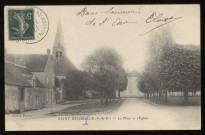 SAINT-ESCOBILLE. - La place et l'église. (Edition Denise et L. Bougardier, photographe, Dourdan, timbre à 5 centimes.) 