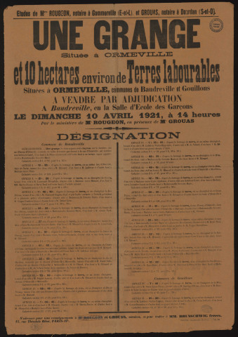 BAUDREVILLE, GOUILLONS [Eure-et-Loir]. - Vente par adjudication d'une grange et de terres labourables, 10 avril 1921. 