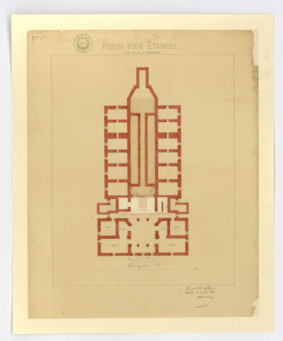 Plan du sous-sol ou soubassement de la prison d'ETAMPES, feuille 2, 1845. Ech. 19,9 cm = 20 m. Coul. Dim. 0,57 x 0,46. 
