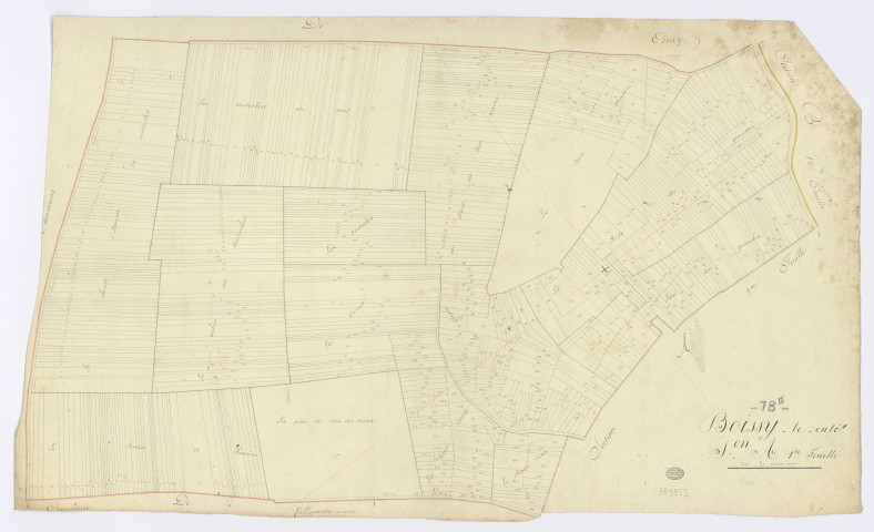 BOISSY-LE-CUTTE. - Section A - Chemin creux (le), 1, ech. 1/1250, coul., aquarelle, papier, 61x102 (1817). 