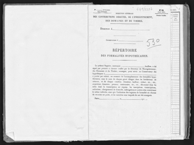 Conservation des hypothèques de CORBEIL. - Répertoire des formalités hypothécaires, volume n° 530 : A-Z (registre ouvert vers 1920). 