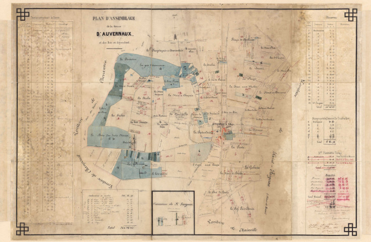 AUVERNAUX. - Plan d'assemblage de la ferme d'Auvernaux et des bois qui en dépendent, vers 1870, sans éch., lég. Coul. Dim. 60 x 88,5 cm. 