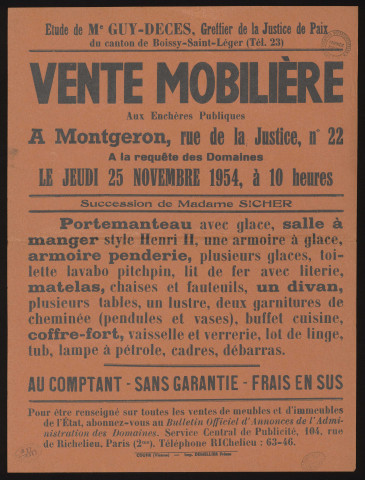 MONTGERON.- Vente aux enchères publiques de mobilier dépendant de la succession de Mme SICHER, 25 novembre 1954. 