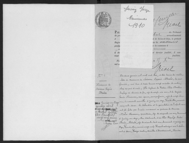 JUVISY-SUR-ORGE. - Naissances : registre d'état civil. 