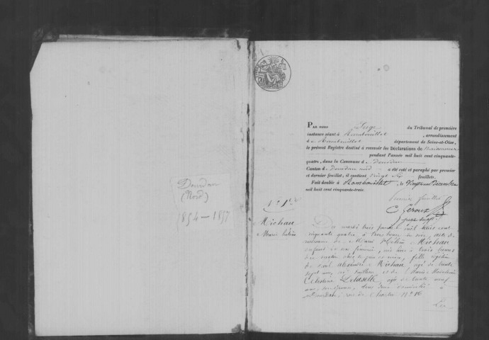 DOURDAN. Naissances, mariages, décès : registre d'état civil (1854-1857). [D. (1857), voir début du registre suivant 4E947]. 