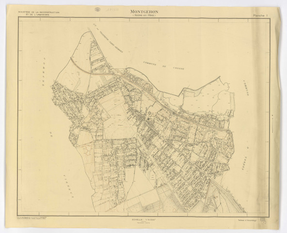 Fonds de plan topographique de MONTGERON dressé par M. Charles GAY, géomètre, feuille 1, Ministère de la Reconstruction et de l'Urbanisme, [s.d.]. Ech. 1/5 000. N et B. Dim. 0,75 x 0,92. 
