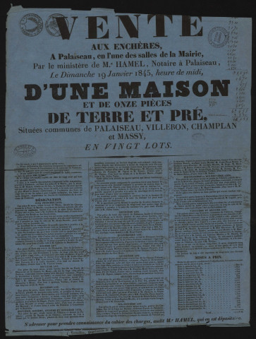 PALAISEAU, VILLEBON-SUR-YVETTE, CHAMPLAN, MASSY. - Vente aux enchères d'une maison, terres labourables et prés, 19 janvier 1845. 