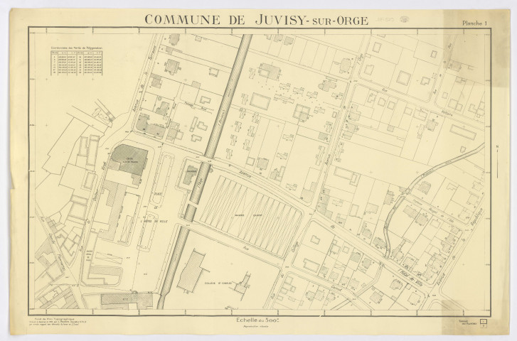 Fonds de plan topographique de JUVISY-SUR-ORGE dressé et dessiné par M. POUSSIN, géomètre, feuille 1, 1946. Ech. 1/500. N et B. Dim. 0,70 x 1,07. 