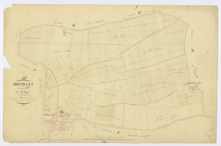 BREUILLET. - Section C - Village (le), 2ème feuille, ech. 1/1250, coul., aquarelle, papier, 67x101 (1825). 