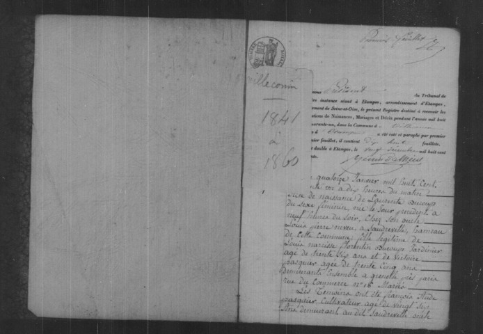 VILLECONIN. Naissances, mariages, décès : registre d'état civil (1841-1860). 