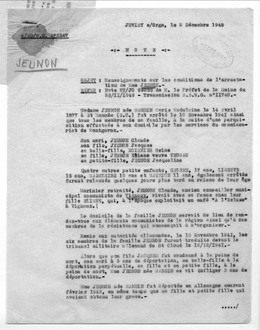 Enquêtes et notes du commissariat de JUVISY-SUR-ORGE sur des résistants, collaborateurs, déportés et requis au STO durant la Seconde guerre mondiale (1945-1961). 
