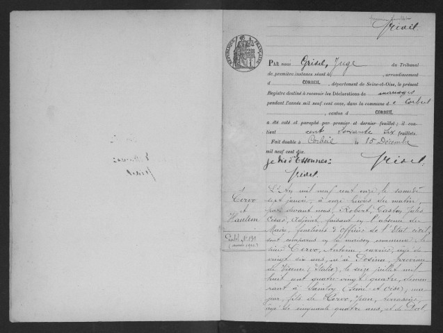 ESSONNES.- Mariages : registre d'état civil. 