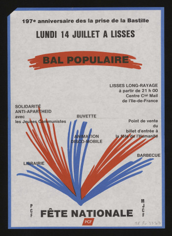 LISSES. - 197ème anniversaire de la prise de la Bastille : bal populaire, organisé par le Parti communiste français, Centre commercial Mail de l'Ile-de-France, 14 juillet 1986. 