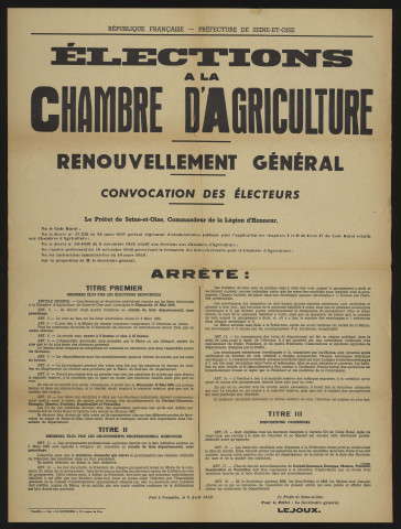 Seine-et-Oise [Département]. - Elections à la Chambre d'Agriculture. Renouvellement des membres de la chambre d'agriculture, 8 avril 1959. 