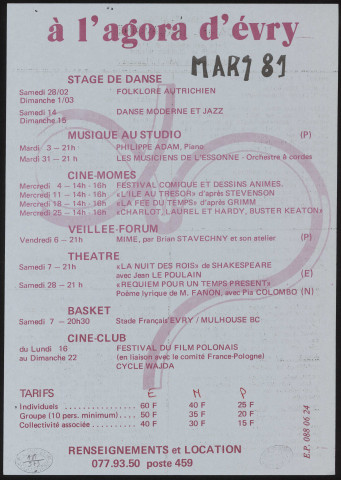 EVRY. - Théâtre, danse, musique, variétés, cinéma, arts plastiques : programme culturel, Centre culturel de l'Agora, mars 1981. 