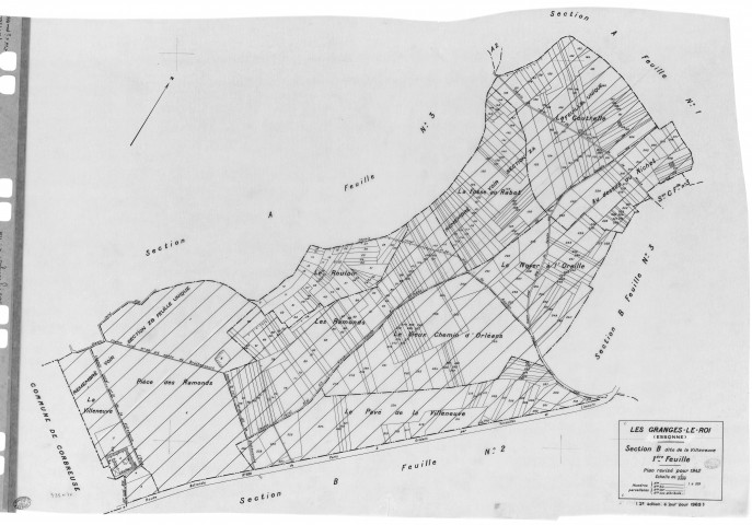 GRANGES-LE-ROI (LES) . - Cadastre révisé pour 1942 : plan du tableau d'assemblage, plans de la section A l'Ouye 3ème feuille, section B la Villeneuve 1ère feuille, idem 3ème feuille, section C le Village 3ème feuille ; cadastre renouvelé pour 1954 : plan du tableau d'assemblage , plans de la section ZA, section ZC, section ZD, section ZF, [10 plans]. 