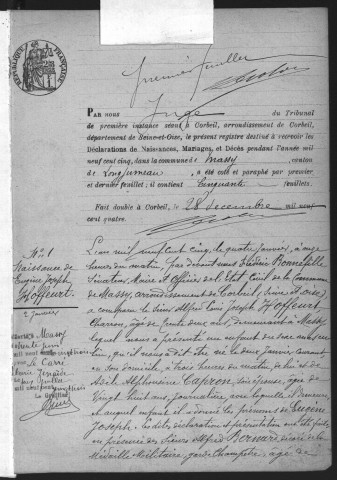 MASSY.- Naissances, mariages, décès : registre d'état civil (1905). 