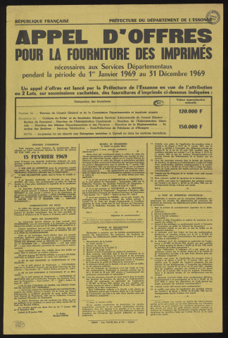 Essonne [Département]. - Appel d'offres, en vue de l'attribution en deux lots, sur soumissions cachetées, des fournitures d'imprimés nécessaires pour les Services départementaux de la Préfecture, pendant la période du 1er janvier 1969 au 31 décembre 1969, 20 janvier 1969. 