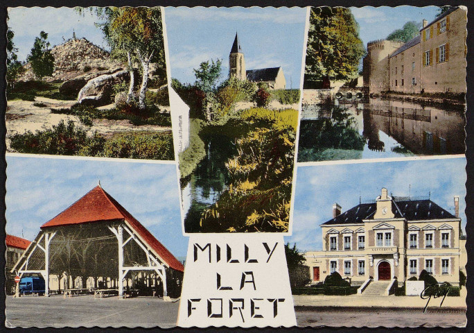 MILLY-LA-FORET.- Les roches, Le château de la Bonde, les halles, l'église et la rivière l'Ecole, l'hôtel de ville, 1971.