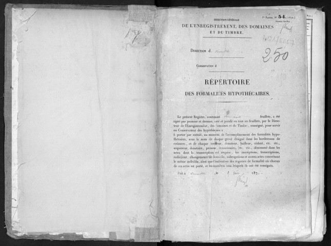 Conservation des hypothèques de CORBEIL. - Répertoire des formalités hypothécaires, volume n° 250 : A-Z (registre ouvert en 1870). 