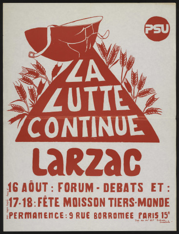 Essonne [Département]. - PARTI SOCIALISTE UNIFIE. La lutte continue.... LARZAC... (1975). 