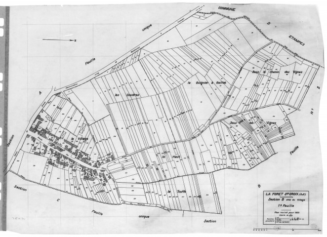 FORET-SAINTE-CROIX (la).- Cadastre révisé pour 1933 : plan du tableau d'assemblage, plans de la section A les Gâtines, section B le Village 1ère feuille, idem 2ème feuille, section C les Trembleaux, [5 plans]. 