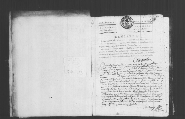 DOURDAN. Naissances, mariages, décès : registre d'état civil (an V-an VI). [décès (an VI), voir 4E918 (après les mariages de l'an VII)]. 