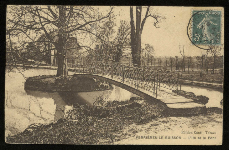 VERRIERES-LE-BUISSON. - L'île et le pont. (Edition Cané, 1913, 1 timbre à 5 centimes, sépia.) 