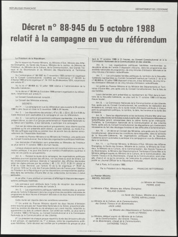 Essonne [préfecture]. - Décret n° 88-945 relatif à la compagne en vue du référendum, 5 octobre 1988. 