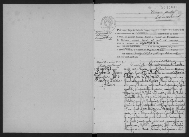 MONTGERON. - Mariages : registre d'état civil.